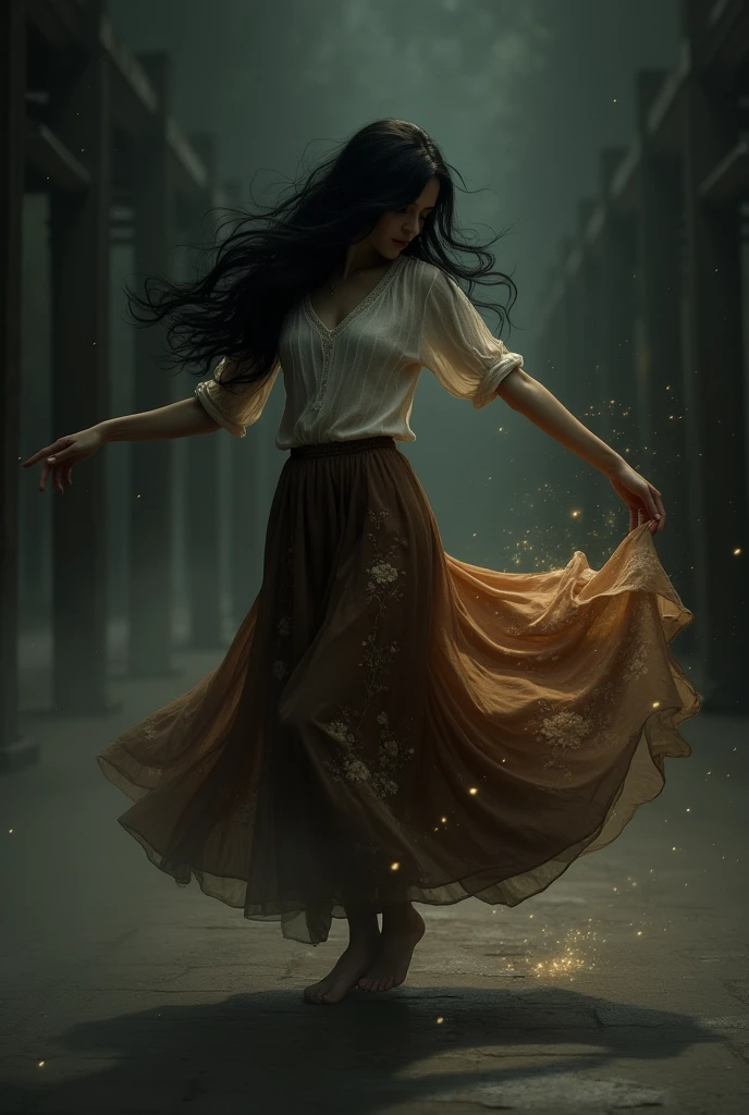 a woman dancing in the dark wearing a brown skirt with flowers, long black hair and unable to see her face