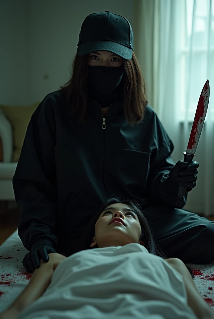 korean girl, (behind stiff, holding knife), stabbing, black balaclava mask, black gloves, cute room, black raincoat, trucker hat, bloody knife, black gloves, woman on top, behind cadaver, blood splatter, on the bed, looking at viewer, mass murderer, killer, blood splatter, dark atmosphere, cinematic lighting, atmospheric realistic, light from the window,