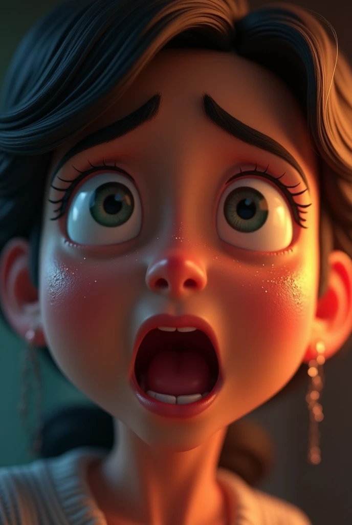 Generate in cinematic 3d cartoon  style A close-up of the mother's face, showing her intense emotion and desperation.