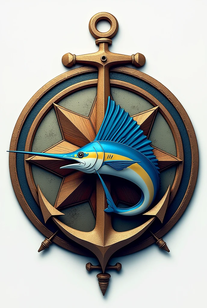 Make a circular shield with a sailfish in the center with an anchor at the bottom and a compass flower in the background.