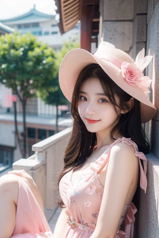 araffe gitl in a pink dress sitting on a ledge, wearing pink floral gown, xintong chen, Gorgeous young Korean girl, ulzzangs, gorgeous chinese models, beautiful Korean women, Beautiful young Korean woman, Wearing a pink dress, Pink dress, wearing a pink dress, yanjun cheng, Shin Jinying, cute beautiful, beautiful pretty young pretty eyes with smile face white skin long hair girl age girl
