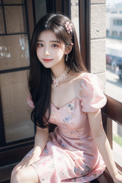 araffe gitl in a pink dress sitting on a ledge, wearing pink floral gown, xintong chen, Gorgeous young Korean girl, ulzzangs, gorgeous chinese models, beautiful Korean women, Beautiful young Korean woman, Wearing a pink dress, Pink dress, wearing a pink dress, yanjun cheng, Shin Jinying, cute beautiful, beautiful pretty young pretty eyes with smile face white skin long hair girl girl