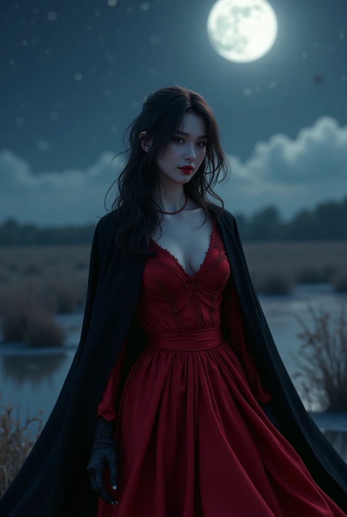 unparalleled masterpiece, ultra realistic 8k CG,masterpiece,pov,(delicate photograph,ultra_detailed,16k,raw photo:1.3),(realistic:1.9,photorealistic:1.9), (detailed sunrise scenery, star night,),Vampire girl, bikini,red costume and black cloak, smiling with fangs, full body shot, night, full moon, , (night:1.2),dreamy,soul