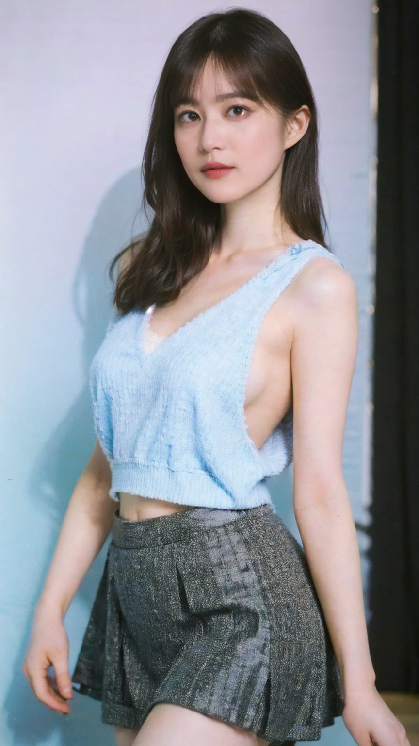 1girl, woman, masterpiece, best quality, highest quality, cinematic lighting, (volumetric lighting), extremely detailed CG unity 8k wallpaper, focused, 8k wallpaper, extremely detailed, ultra realistic, photorealistic, sharp focus, absurdres, (HDR:1.2), (high contrast), photograph, detailed and intricate, instagram, portrait, highly detailed, digital painting, artstation, concept art, smooth, sharp focus, illustration, cinematic lighting, (natural big breast), black short skirt, eyes looking at the viewer, ((medium shoulder)), (skinny legs), (slender body), (((height 163cm))), (HQ skin:1.4, Realistic human body structure), (medium body shot, hips level shot), (aerial shot photo), (wearing knit strap tank top, short skirt), (pale skin), big breast:1.5, cleavage, open shoulder, (show thighs)
