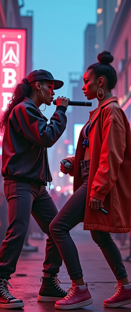 a staged rap battle between 2 hip hop stars women with mics , detailed facial features, detailed skin, detailed clothing, dynamic poses, intense expressions, urban city background, neon lights, cinematic lighting, vibrant colors, high contrast, gritty, street art style, hyper realistic, 8k, best quality, masterpiece