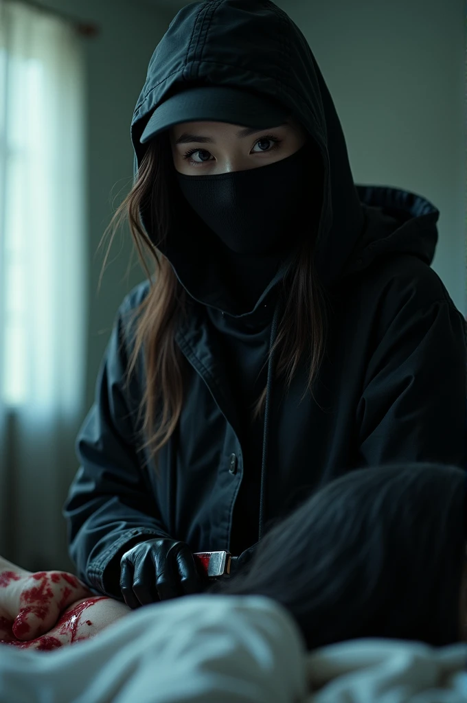 korean girl, (behind stiff, holding knife), stabbing, black balaclava mask, black gloves, girl's room, black raincoat, trucker hat, bloody knife, black gloves, woman on top, behind cadaver, blood splatter, on the bed, looking at viewer, mass murderer, killer, blood splatter, dark atmosphere, cinematic lighting, atmospheric realistic, light from the window, close-up,