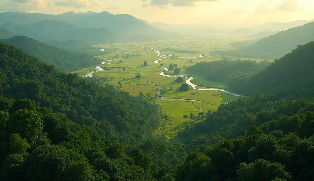 An aerial view of an equatorial forest on a plain.