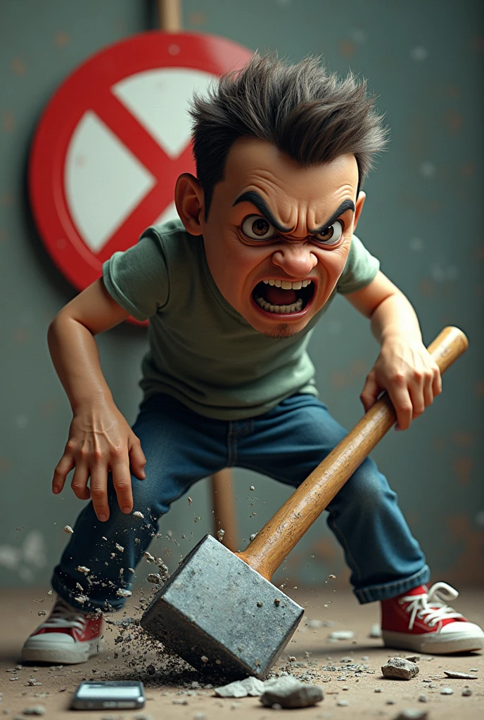 A person breaking a cell phone with a hammer and a forbidden sign above it