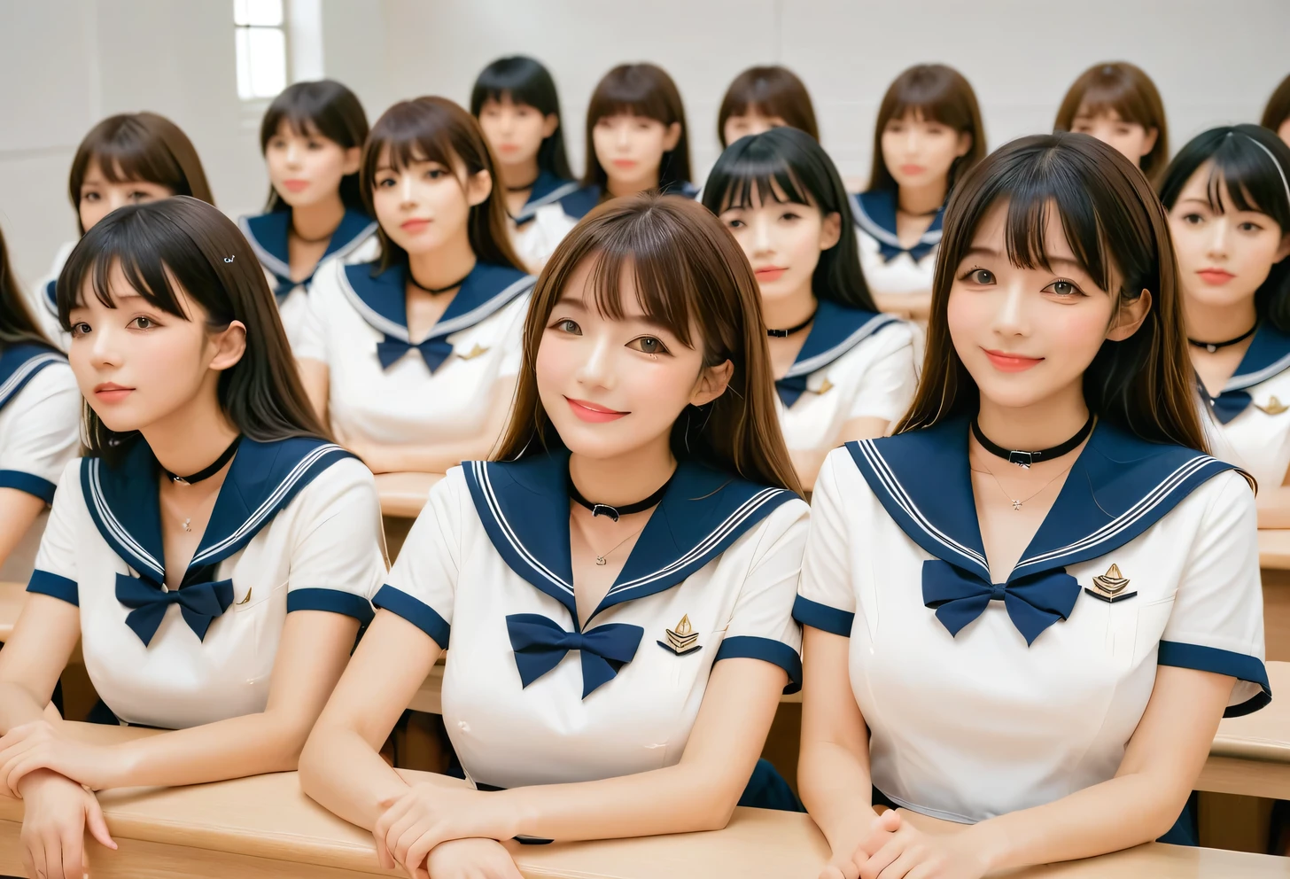 score_9, score_8, score_8up, score_7, Highest quality、masterpiece, group、((Sailor suit, mini skirt, uniform, Summer clothes)), Large Breasts, ((Layered Haircut)), Slim body, Slim face(8k,Highest quality),Shot from medium distances,lecture hall, Adorable, smile, Long brown hair, 32K, masterpiece, Best image quality,Ultra-high resolution,Perfect hands,Black choker、Almond Eye、bangs、Very thick and long eyelashes, ((Big Breasts))、Students listening to a lecture、A dreamy look、Natural Makeup、They are sitting side by side taking a class