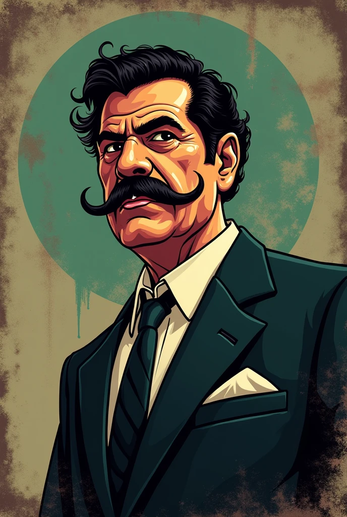 Pablo Escobaro in the cartoon style of the mafia board game, in a on a dark beige and green background 