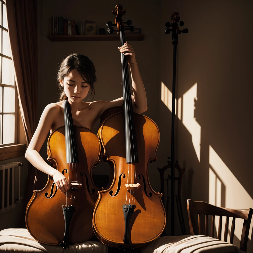 Naked girl sitting hugging a cello