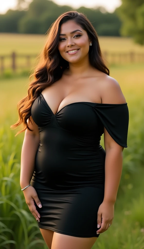 Showcase a beautiful plus-size woman in a sleek, fitted black mini dress with a sweetheart neckline and off-the-shoulder sleeves. Her long, wavy hair frames her face beautifully as she poses with a relaxed yet confident posture against a peaceful meadow background, the warm, soft light highlighting her glowing skin.