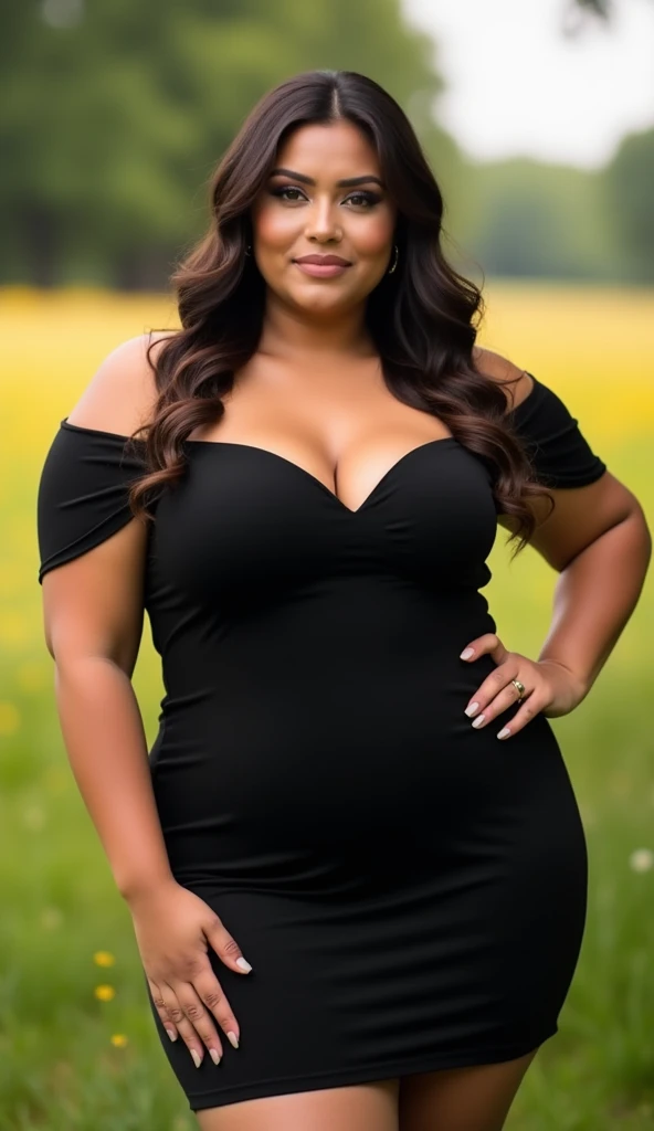 Showcase a beautiful plus-size woman in a sleek, fitted black mini dress with a sweetheart neckline and off-the-shoulder sleeves. Her long, wavy hair frames her face beautifully as she poses with a relaxed yet confident posture against a peaceful meadow background, the warm, soft light highlighting her glowing skin.