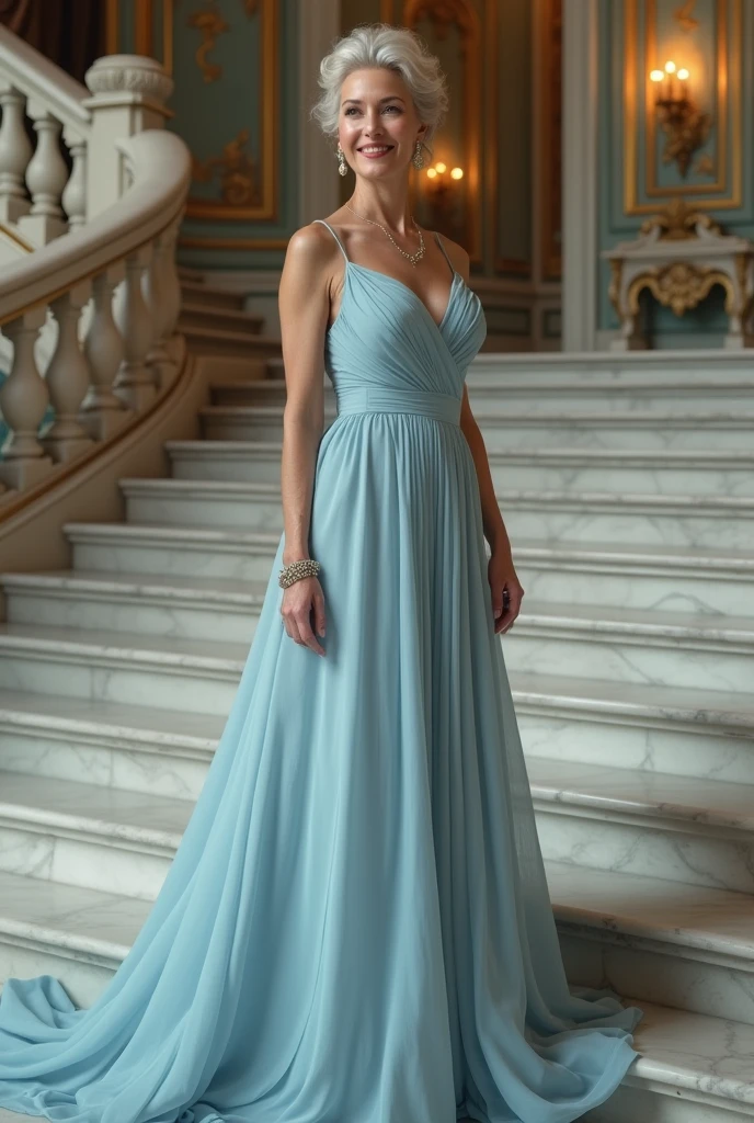Beautiful woman 60 years old, in an evening light blue dress and an evening hairstyle with salt and pepper hair posing on a marble staircase,in the Baroque style