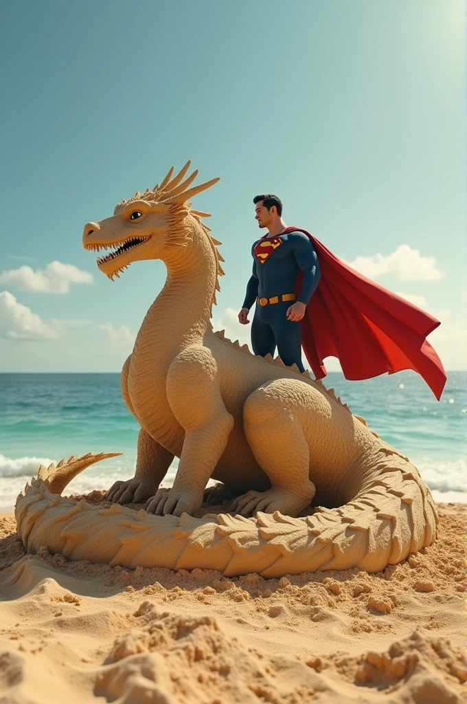 Superman makes medium size dragon with sand on beach 