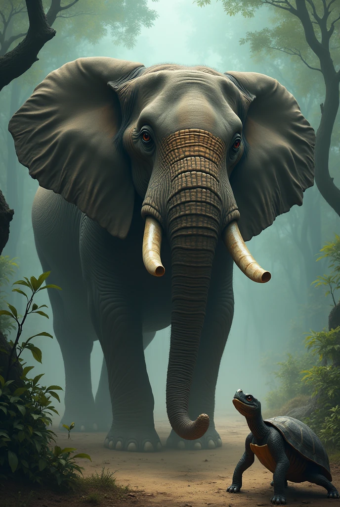After the tortoise had eaten and left, the elephant tried to replicate the chant to access the yamBut because the elephant lacked the tortoise’s subtlety and precision, his version of "Gwon Gwon Gwon Gwon" was loud and clumsy, angering the spirits instead of appeasing them. The spirits punished the elephant, and he was left hungry and embarrassed.