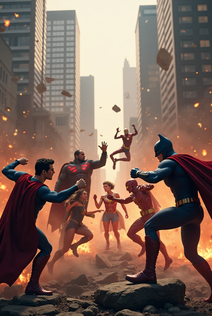 Create an image of the justice league and the avengers fighting