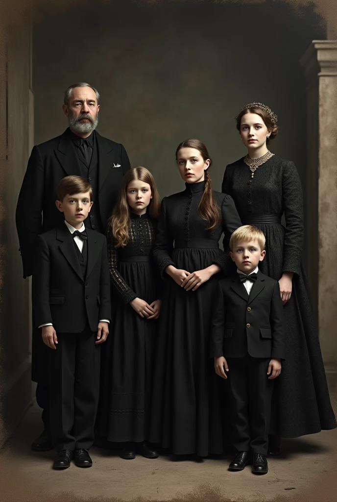 Nicholas II of russia with his wife Alexandra Feodorovna & their four daughters Olga, Tatiana, Maria, Anastasia & their only son Alexei in black clothes mourning in 1920s