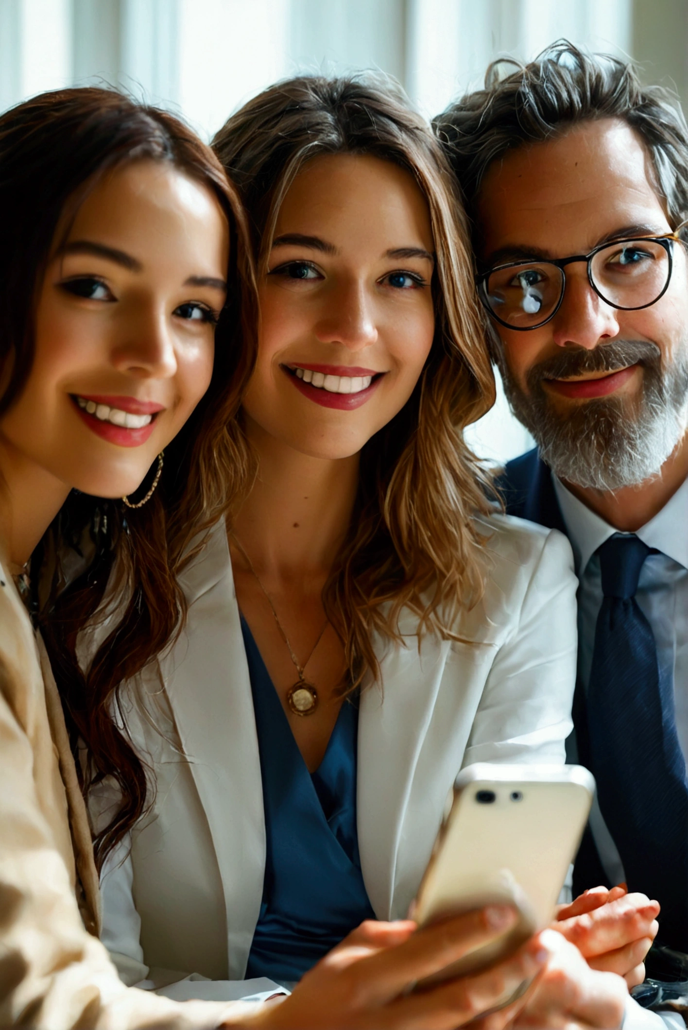 Create a realistic photo with a white background and containing 01 lawyer next to each other, 01 doctor and 01 entrepreneur. They are holding cell phone and looking at the screen attentively and smiling, because they are happy to have their social networks managed by a social media manager.