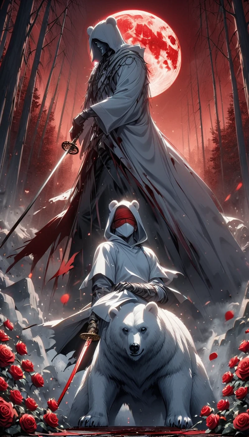 Dynamic picture, in it a man with a white hood with bear ears and a katana is riding a polar bear in a forest while the blood moon shines, many Roses cover the ground and lightning falls from the sky. The man wears a red blindfold.