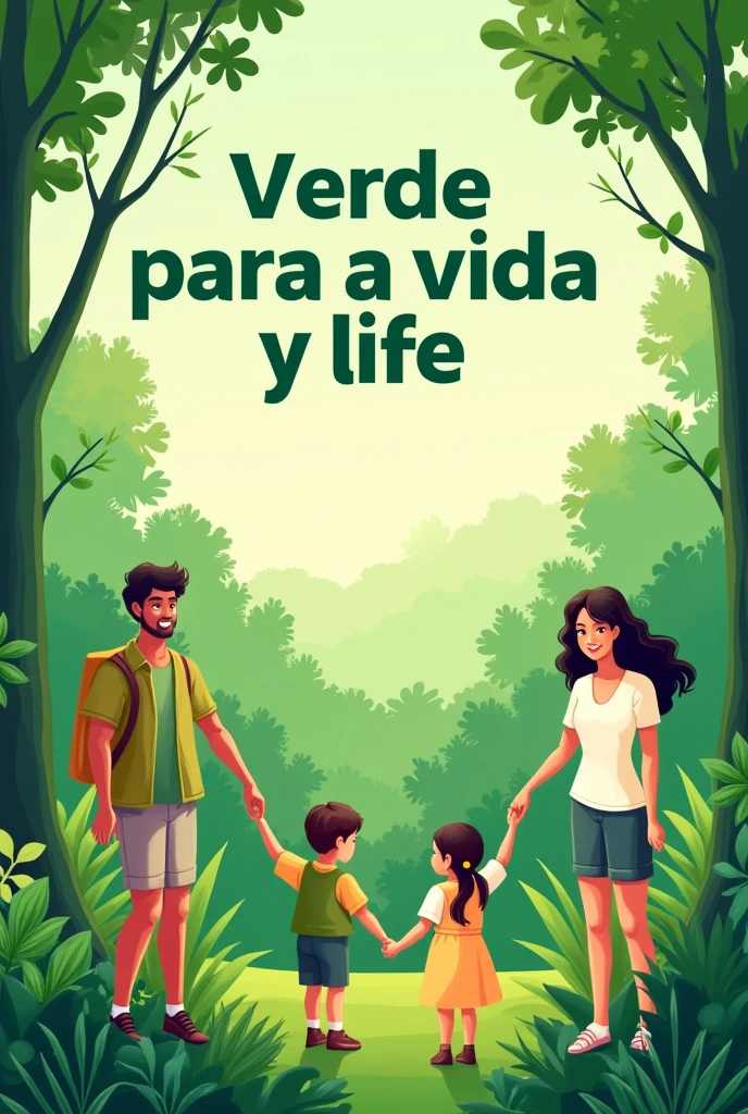 create a flyer with the title green for life and put the name in Portuguese  , with people and children in front, place trees and green plants 

