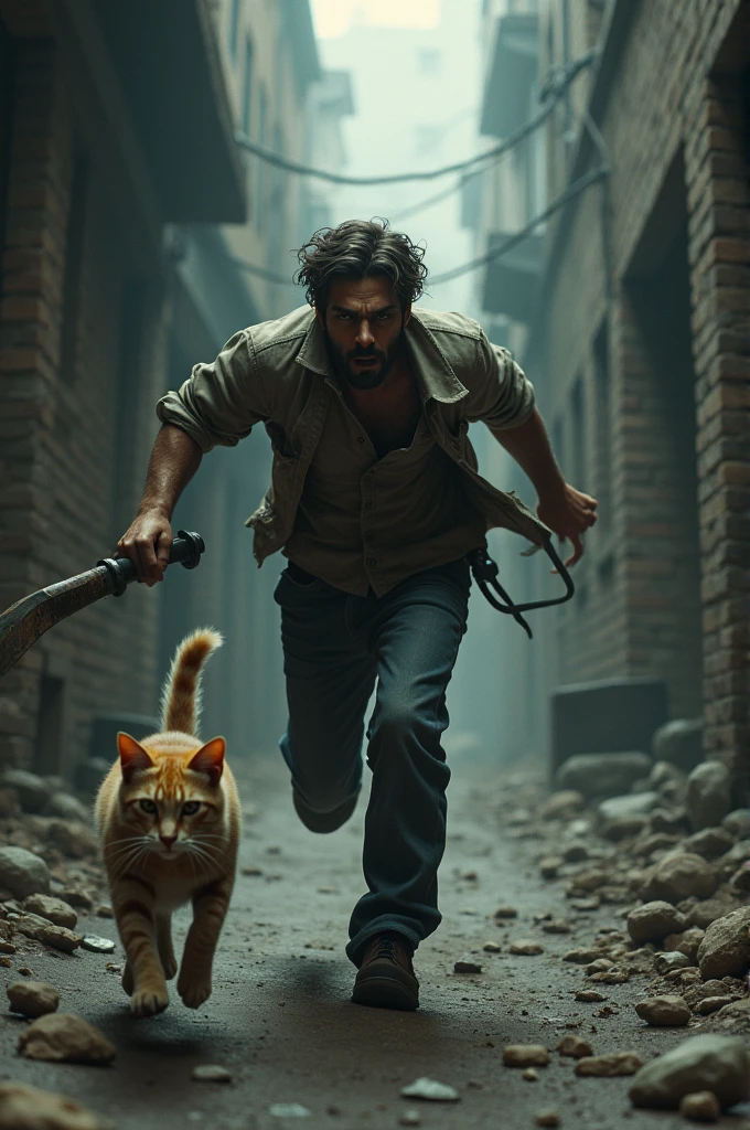 A man is running after a cat with a stick to kill it. Image