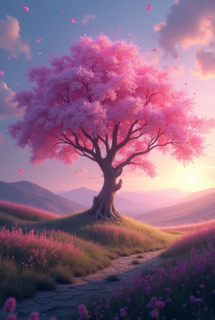 Certainly! Here's a beautifully crafted prompt:
"Create a mesmerizing scene featuring an enchanted blossom tree in full bloom, its branches adorned with vibrant, ethereal flowers glowing softly in the twilight. The tree stands majestically in the center of a dreamlike landscape, where the sky is painted with a cascade of colors—soft purples, pinks, and golds blending seamlessly. Around the tree, a gentle breeze carries petals through the air, while the ground is covered in a lush, carpet of grass dotted with wildflowers in a spectrum of hues. In the background, rolling hills fade into the distance, bathed in the warm, magical glow of the setting sun, creating a serene and otherworldly atmosphere."