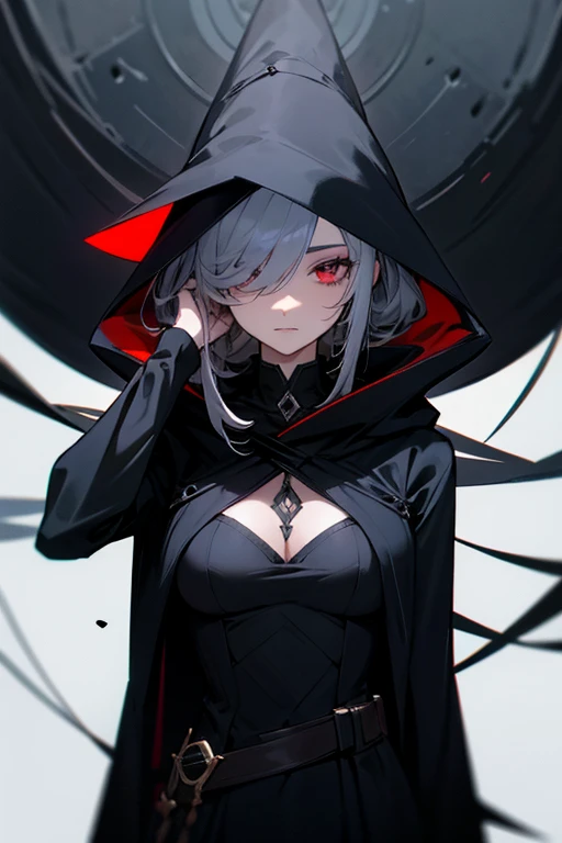 tall and thin woman, skin fair, black coat with a hood covering the hair, a lock of hair covering the left eye, Eyes red, elegant dark witch, very detailed and rich clothing