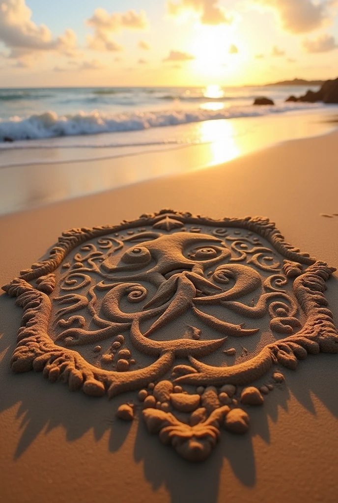 Generate a Sand art for A in the beach side