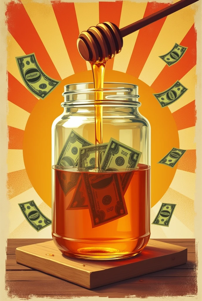 (a retro propaganda poster)
With a jar of honey with several dollar bills inside, mixed with honey
(Have the aesthetics of a poster made in the 1950s