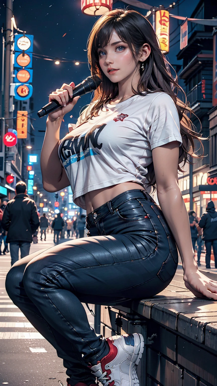 2 female。T-Shirts、jeans、sneakers、Silver Hair、semi-long、Downtown at night、Street Performance、sit on the guardrail、Singing while playing guitar(No microphone)、People around are excited、Sexy proportions、Narrow waist