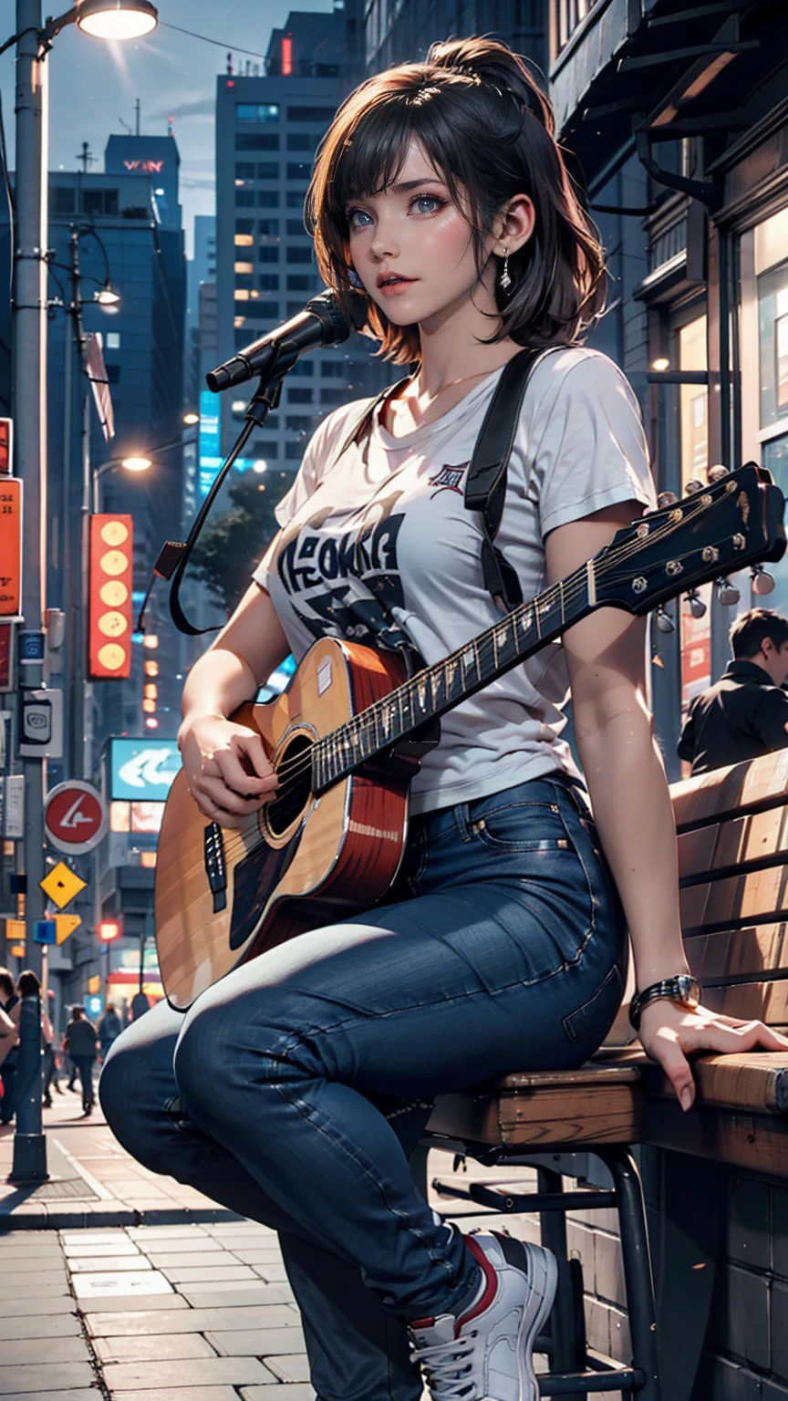 2 female。T-Shirts、jeans、sneakers、Silver Hair、semi-long、Downtown at night、Street Performance、sit on the guardrail、Singing while playing guitar(No microphone)、People around are excited、Sexy proportions、Narrow waist