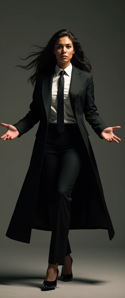 a tanned female, wide arms gesturing a long trench coat black suit, white shirt underneath, tie, aggressive, assertive, swagger attitude  Melbourne shuffle jumping shuffling footwork, photorealistic, 8k, hyper detailed, studio lighting, highly detailed face and eyes, intricate details, chiaroscuro lighting, dramatic lighting, moody atmosphere, cinematic, 