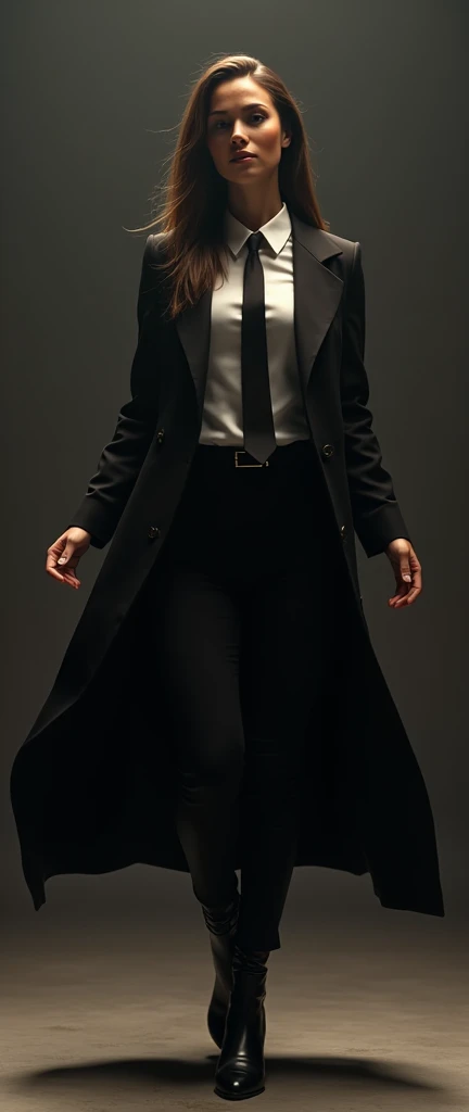 a tanned female, wide arms gesturing a long trench coat black suit, white shirt underneath, tie, aggressive, assertive, swagger attitude Melbourne shuffle jumping shuffling footwork, photorealistic, 8k, hyper detailed, studio lighting, highly detailed face and eyes, intricate details, chiaroscuro lighting, dramatic lighting, moody atmosphere, cinematic,