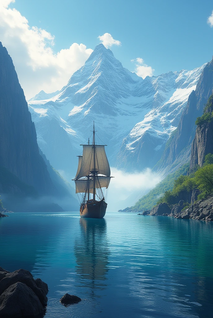 Beautiful landscape with mountains and sea. Ship in the sea.