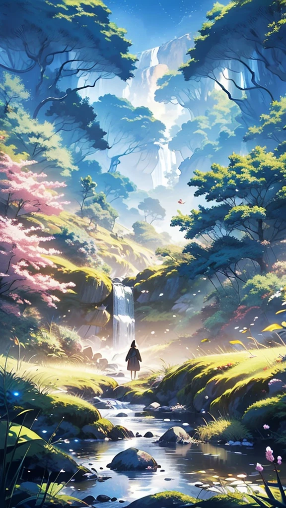 Viral anime nature wallpaper in 4K quality, in the style of digital illustration inspired by Hayao Miyazaki, featuring a serene forest with towering ancient trees, dappled sunlight filtering through the leaves, a gentle stream flowing through the scene, and mystical creatures peeking from behind the foliage; vibrant and warm color temperature, cosmos lighting with stars twinkling in the sky, no human characters, the atmosphere is tranquil and enchanting --v 5 --stylize 1000