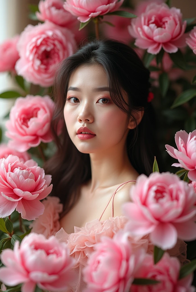 Photography,HD,Real People,1 Asian girl surrounded by peony flowers,Many pink flowers,The movements are natural and elegant,1,Slightly fat,Beautiful facial features,Exquisite makeup,Exquisite eyes,Eye details,Pink yarn,Shoulder,hand臂,hand,Soft and fluffy hair,Soft light and shadows indoors,Rich details