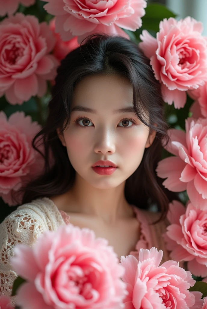 Photography,HD,Real People,1 Asian girl surrounded by peony flowers,Many pink flowers,The movements are natural and elegant,1,Slightly fat,Beautiful facial features,Exquisite makeup,Exquisite eyes,Eye details,Pink yarn,Shoulder,hand臂,hand,Soft and fluffy hair,Soft light and shadows indoors,Rich details