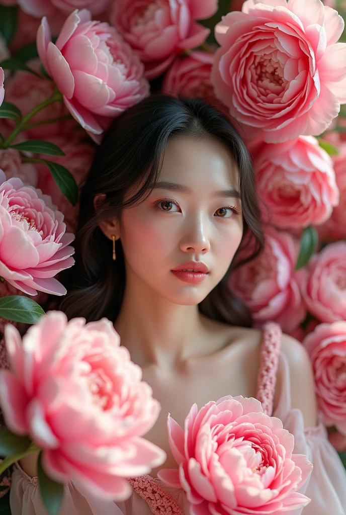 Photography,HD,Real People,1 Asian girl surrounded by peony flowers,Many pink flowers,The movements are natural and elegant,1,Slightly fat,Beautiful facial features,Exquisite makeup,Exquisite eyes,Eye details,Pink yarn,Shoulder,hand臂,hand,Soft and fluffy hair,Soft light and shadows indoors,Rich details