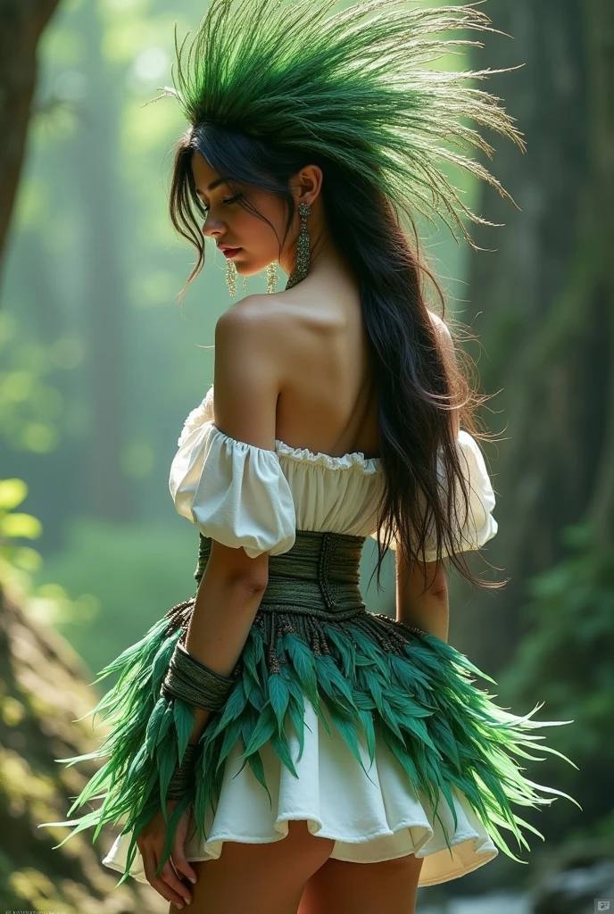 dressed in a short white thigh-length skirt, with a belt made of green and dark feathers, white top with an adornment made up of feathers in different shades of dark green, ranging from a deep green to slightly lighter tones, creating a shadow and depth effect used on the side of the head, held by a band that wraps around the forehead.