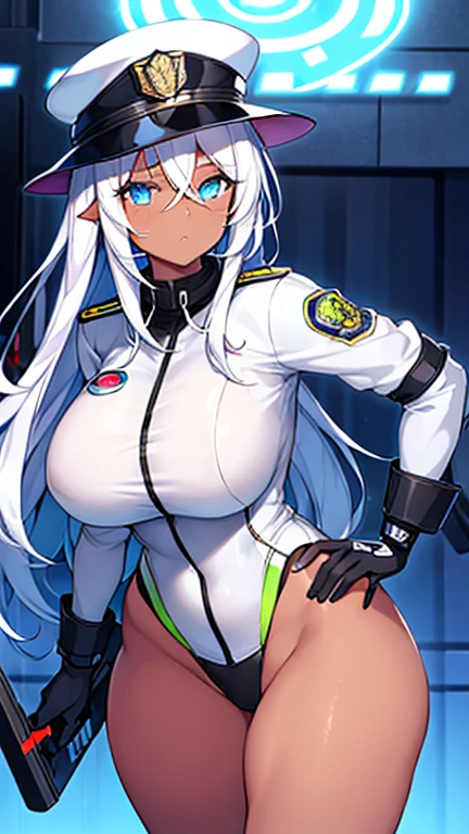 1girl, dark skin, dark-skinned female, police uniform, police, white hair, long hair, blue eyes, police hat, large breasts, thick thighs, futuristic, neon trim, science-fiction, machinery, tech, blue trim, glowing eyes, toned, cute face, mature female, hourglass figure, neon, one-piece swimsuit, competition swimsuit, medal, black swimsuit, badge, police badge, ((badge)), tall