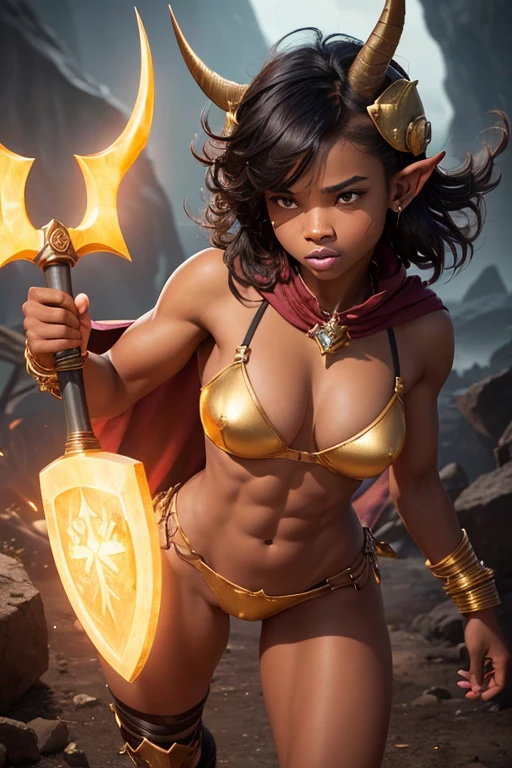 A young 15- yr old Orcish girl with lovely charming face, having dark skin tone pigmenting texture, (wearing a gold nose ring), (body builder, athletic masculine size body), ( dark skin texture masterpiece ), (tomboyish punk hairstyles look), (( wearing helmet with horns)), (serious, with exposed teeths showing large fangs)(perfect full body detailed anatomy), (Super accessories detailed), (fighting pose), (perfect detailed bright sparkling eyes),( short illuminating hair), ((expose big hard erect nipples))(( transparent panty and bra, with pussy clitoris exposed ))((legs wide open showing pussy line))(( Wearing transparency orcish costumes )), (( holding a treasure axe or treasure war hammer )), ( lava cliff background), (( illuminating different lights covering the sorrounding atmosphere of battle fields)) on its back wearing dark cape detailed design, has a angry face, 7 different perspective view of that same girl & face profile sheet character style