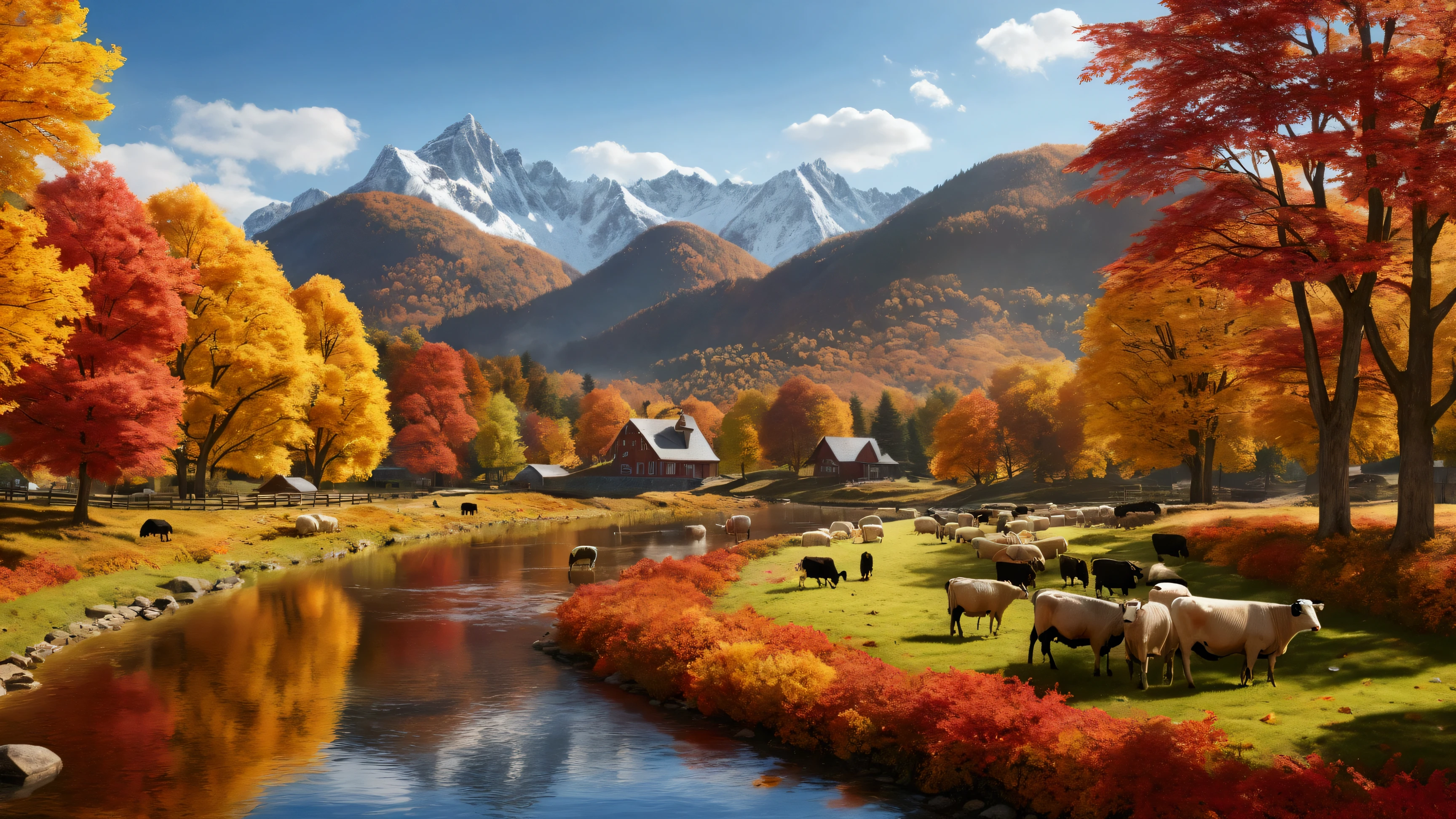 Create an ultra-high-resolution, 8K, photorealistic image of a stunning autumn landscape. In the distance, vibrant red maple forests cover the mountains, glowing brilliantly under the golden autumn sunlight. A gentle river flows through the scene, with maple leaves floating on the water's surface. In the foreground, colorful houses and grazing cows and sheep dot the landscape. The sky is clear with high, wispy clouds, and the air feels crisp and fresh. Birds soar and sing above, adding to the serene and enchanting atmosphere of this picturesque fall day.