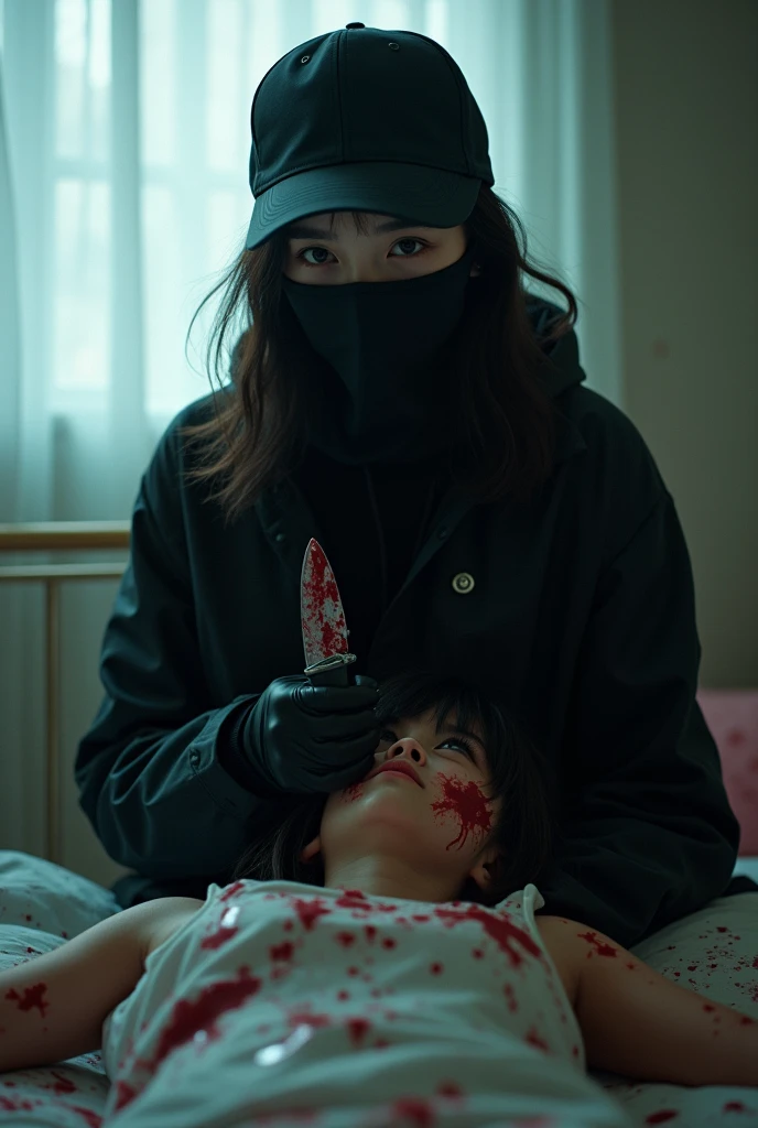 korean girl, (behind stiff, holding knife), stabbing, black balaclava mask, black gloves, cute room, black raincoat, trucker hat, bloody knife, black gloves, woman on top, behind cadaver, blood splatter, on the bed, looking at viewer, mass murderer, killer, blood splatter, dark atmosphere, cinematic lighting, atmospheric realistic, light from the window,

