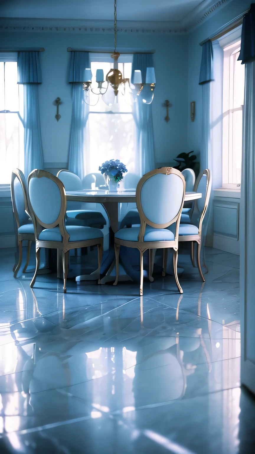 a blue dreamy house, dining room, retro, foggy, soft focus, year of 1995, cool lighting, muted pastel colors, glowing atmosphere, dramatic, cinematic composition, dream-like quality, ethereal, romantic, soft focus photography, blue hour, windy, marble, golden and mirrors, hazy, thick fogs