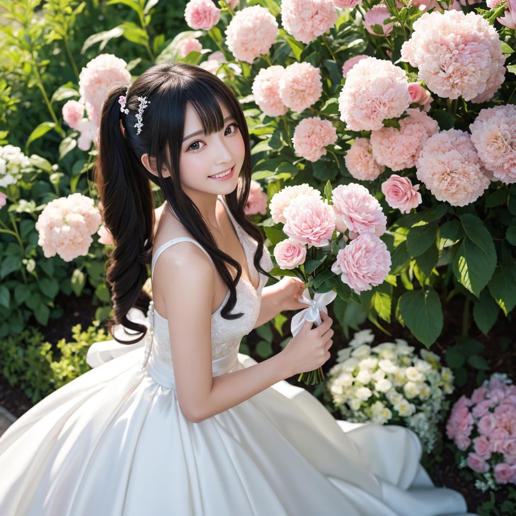 masterpiece,Highest quality,high definition,High resolution,4K,8k,Ultra-high-definition CG,masterpiece,Highest quality,high definition,High resolution,4K,8k,Ultra-high-definition CG,Anime illustration style,1girl, anime painted, front angle, pose standing, shiny black twin tail hair,black, accessories ribbon, expression smiling,arms behind back,Scene of a garden full of flowers、In a wedding dress、Behaving gracefully。fashion model posing ,shiny skin,Low angle ,fashion model posing ,holdng a flowers.bouquet.