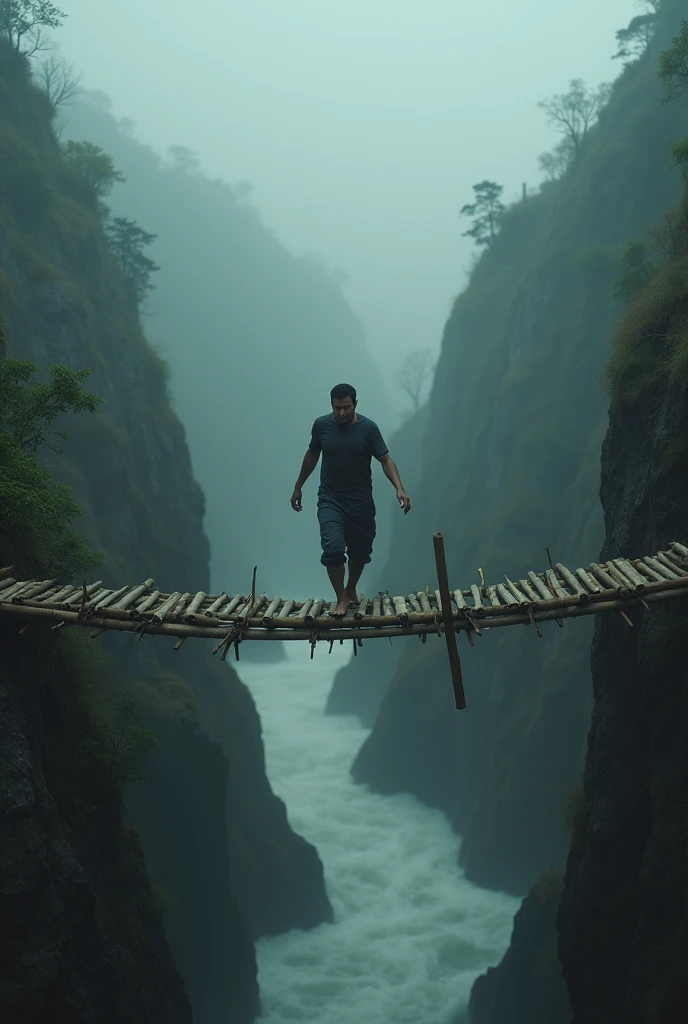 A man is crossing a single bamboo bridge, and he is about to fall down. Critical condition 
Emotional 