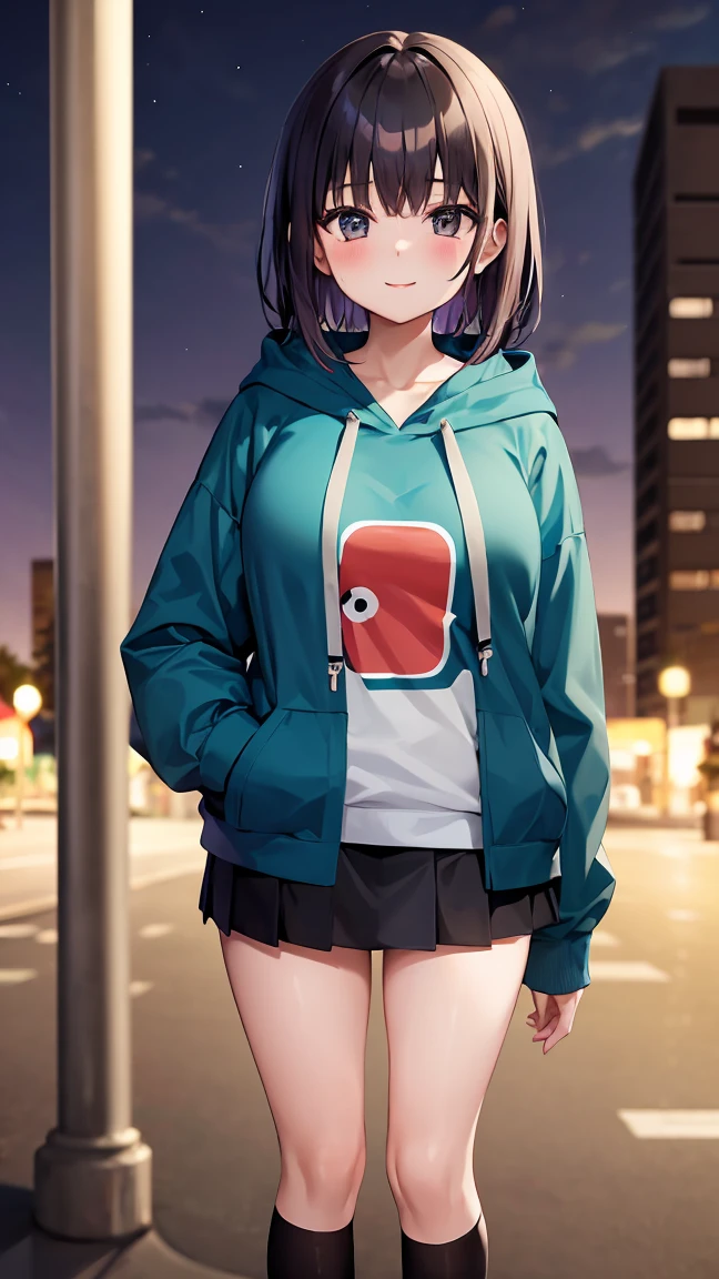 A  teenage woman stands in a park at night。She wears a hoodie、mini skirt、I&#39;m wearing shoes。She is posing seductively with a big smile.、Her short hair and shiny skin are impressive.。What really catches your eye are her huge breasts.。The whole body is shown.、The image of 1girl is clearly depicted.。