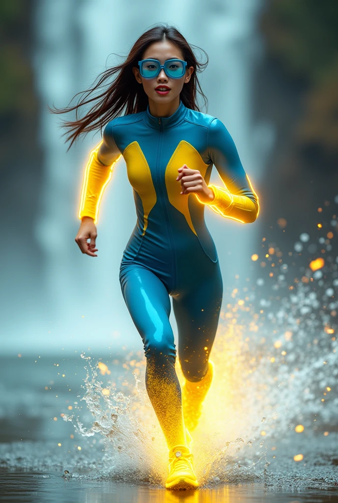 Chinese japan women average age wear jumpasuit high tech(( blue yellow)). Running effect. Glowing yellow power. Runfast effect. saggy breast open zip.. Wear blue big glasses big frame.running speed of light . latex suit. big tight. running athlete. Braces teeth. waterfall background .Bokeh background. Panning effect. Yellow high tech watch. a beautiful young chinese women, , wearing a high-tech blue and yellow loose jumpsuit,run on water, floating water bubble, photorealistic, detailed facial features, long hair, elegant pose, dynamic lighting. glowing body yellow lightning effect, 8k, award-winning digital art, intricate details, vibrant colors, cinematic composition. very fasr run, highly detailed. light trail effect. speed of light. froze time effect. at the city.run water .shallow water . spash water. the girl run fast on wet road. background on subway.