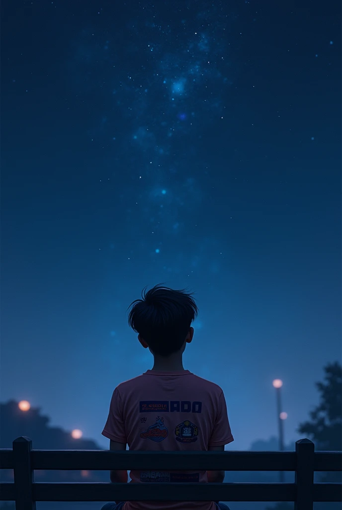 17 years of boy sitting in the bench and seeing the star of sky view don't show face of person.he is wearing Tshirt of Nepal cricket team
